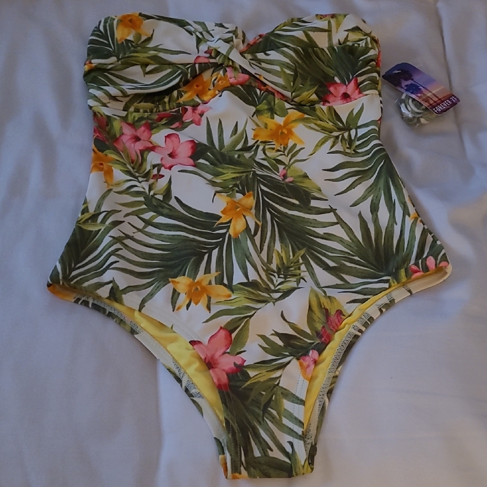 Forever 21 Tropical Floral One Piece Bandeau Swimsuit